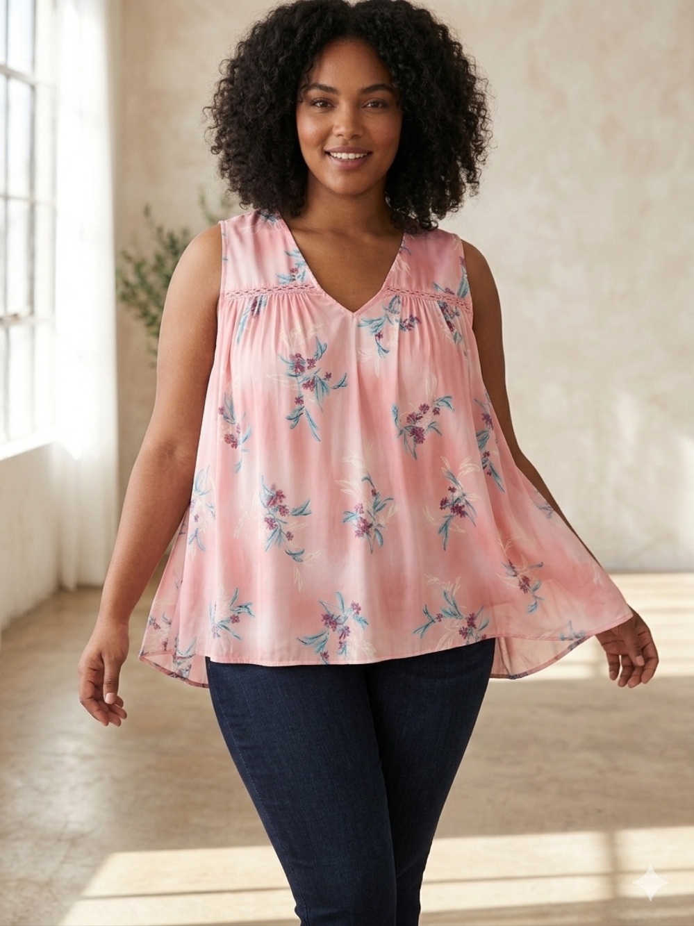 Lane Bryant Plus Size 28W Pink Floral V-Neck Swing Cami Tank Top Blouse EUC